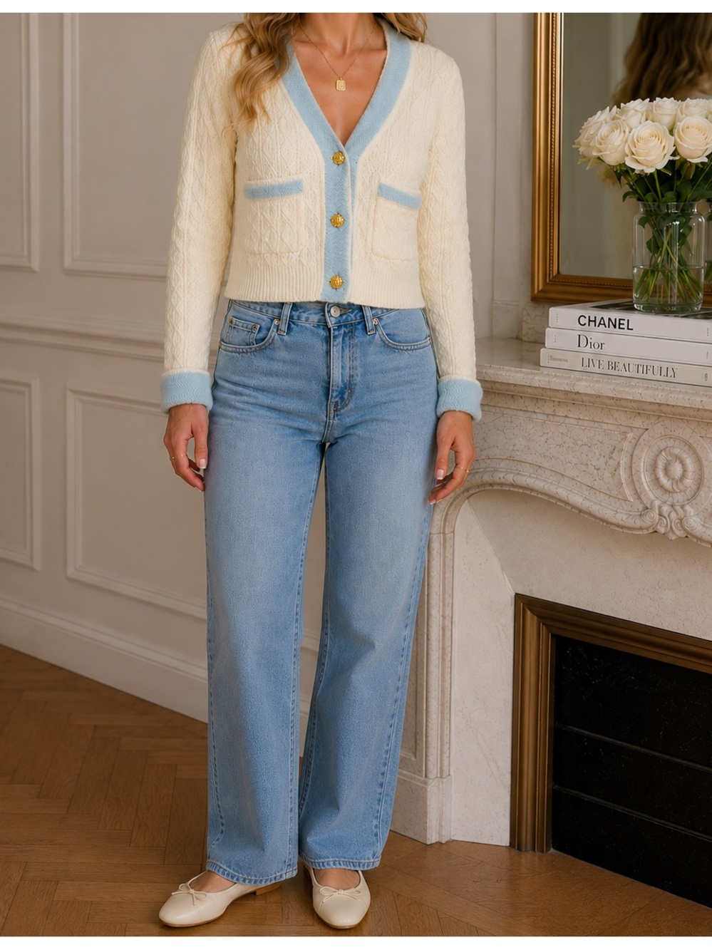 Tiffany Ann Cable Knit Cardigan Cream Blue Gold Buttons Preppy Coquette S